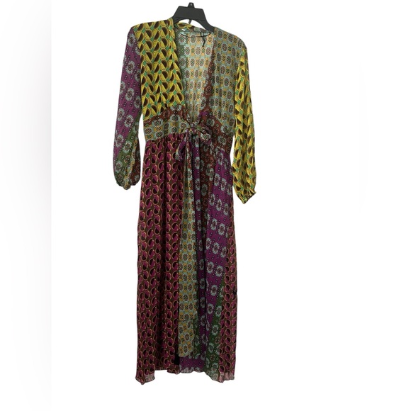 Zara Boho Wrap Duster Kimono XS Patchwork Print Tie Waist Festival Indie Layer - Picture 2 of 6